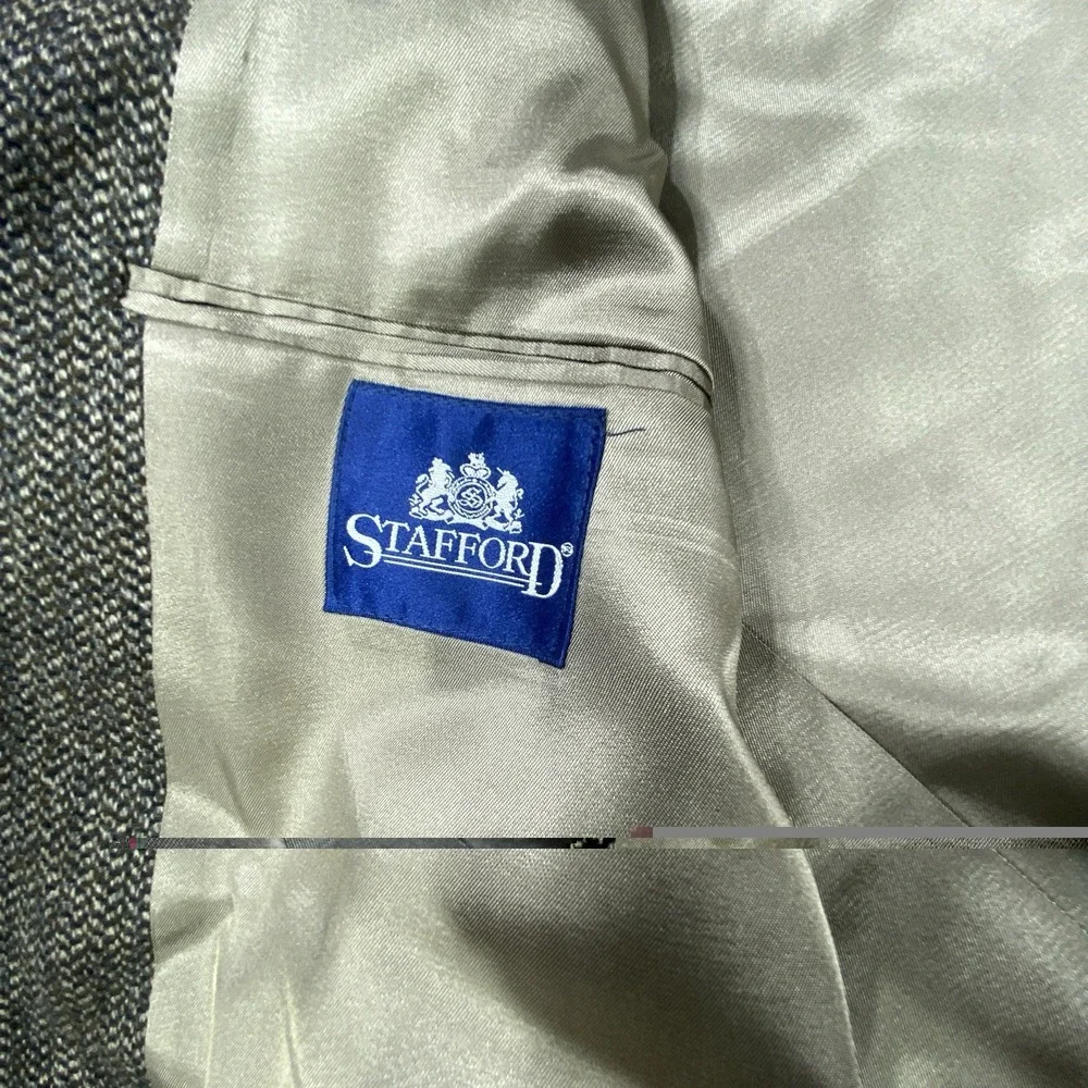 VTG Stafford Jacket Tweed Blazer Lambswool 46R Brown Herringbone Elbow Patch USA